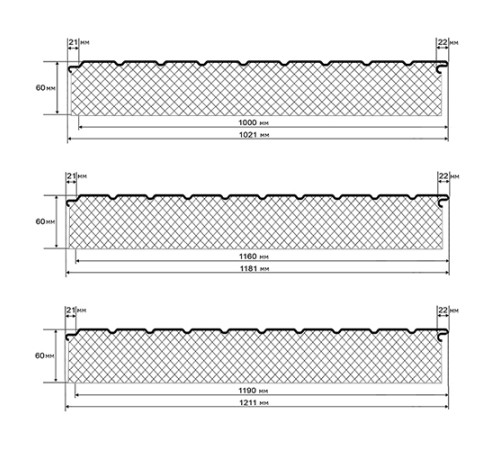 Сэндвич-панели двухслойные с пенополиуретаном, ширина 1000 мм, толщина 60 мм, 0.5, RAL6002